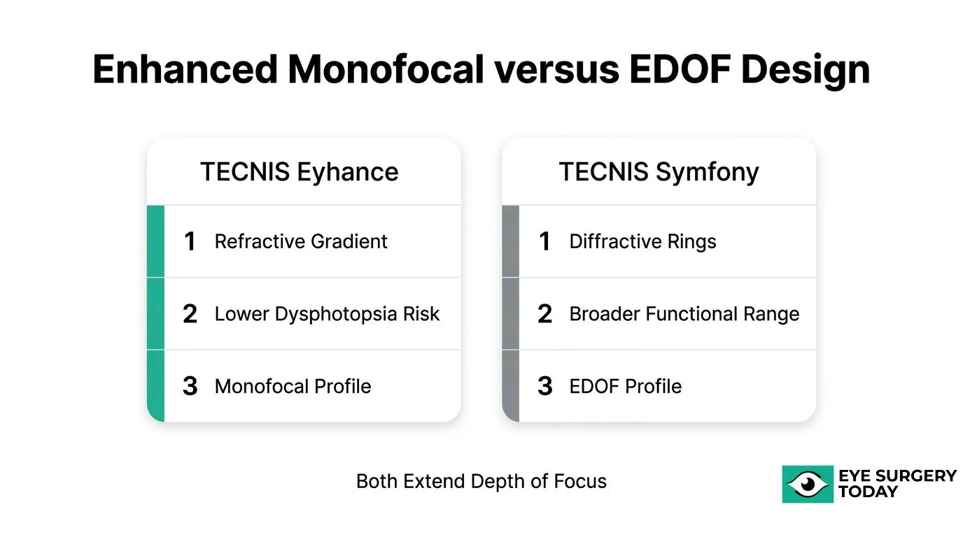 TECNIS Eyhance versus TECNIS Symfony comparison showing enhanced monofocal and EDOF lens design differences