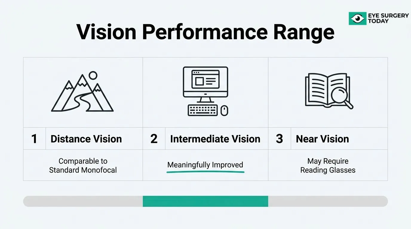 TECNIS Eyhance vision performance range showing distance, intermediate, and near vision after cataract surgery