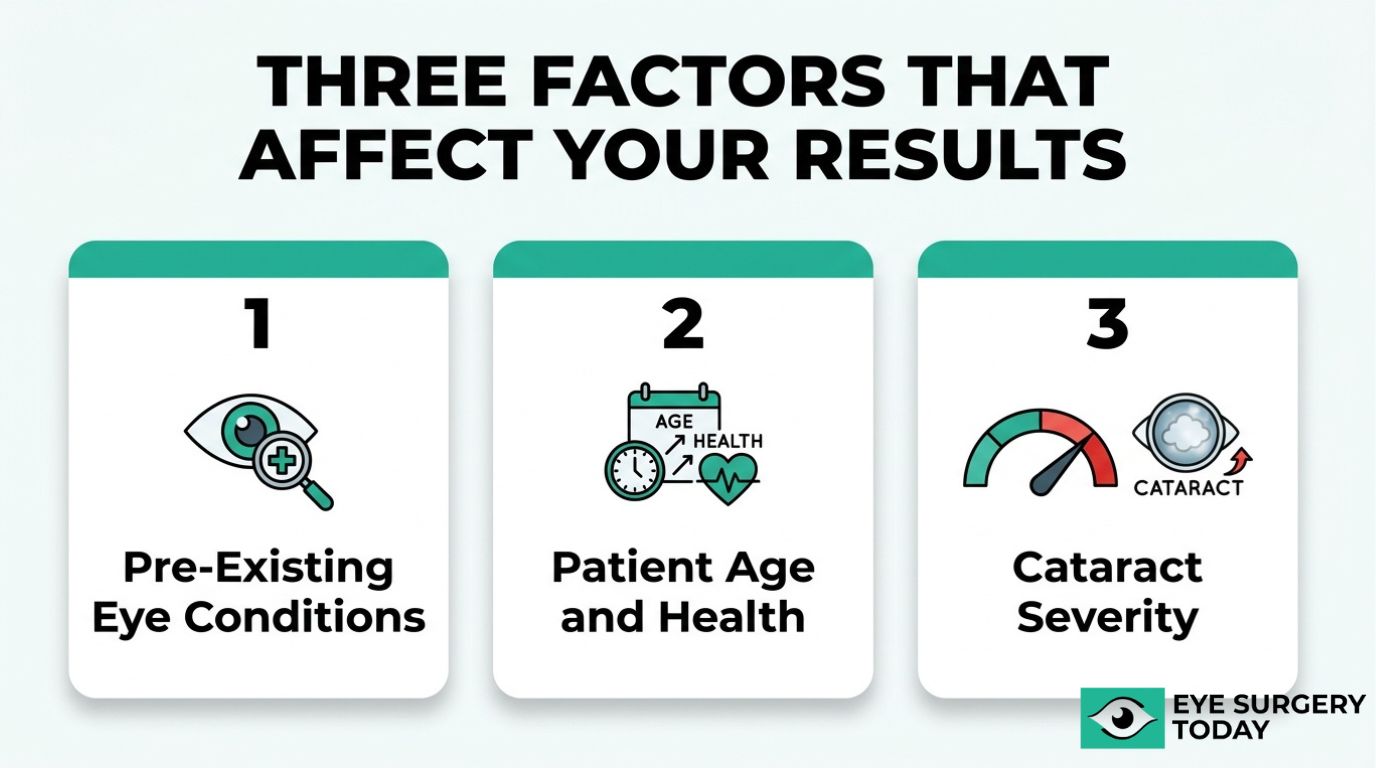 Three factors that affect cataract surgery results showing pre-existing eye conditions, patient age and health, and cataract severity.