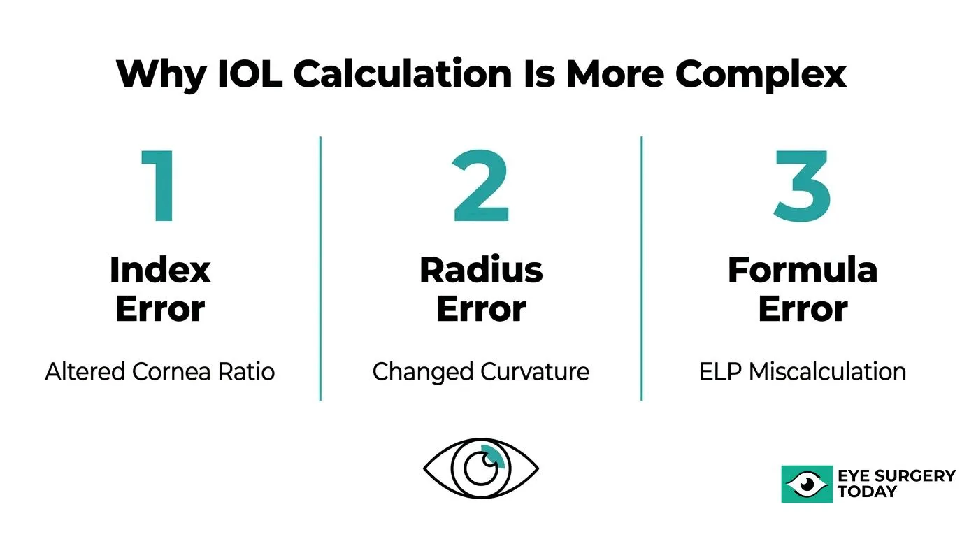 Diagram showing three sources of IOL calculation error after LASIK involving index error, radius error, and formula error