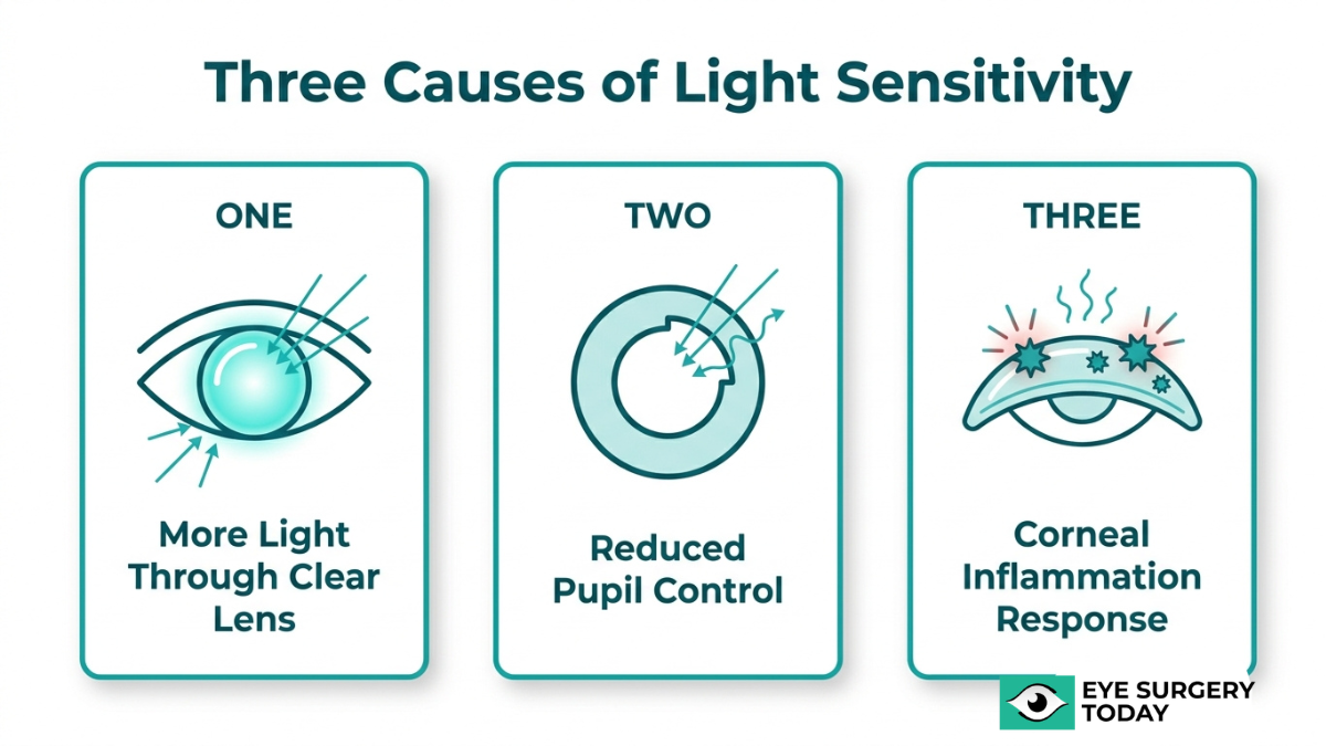 Causes of light sensitivity after cataract surgery including increased light entry, pupil changes, and inflammation