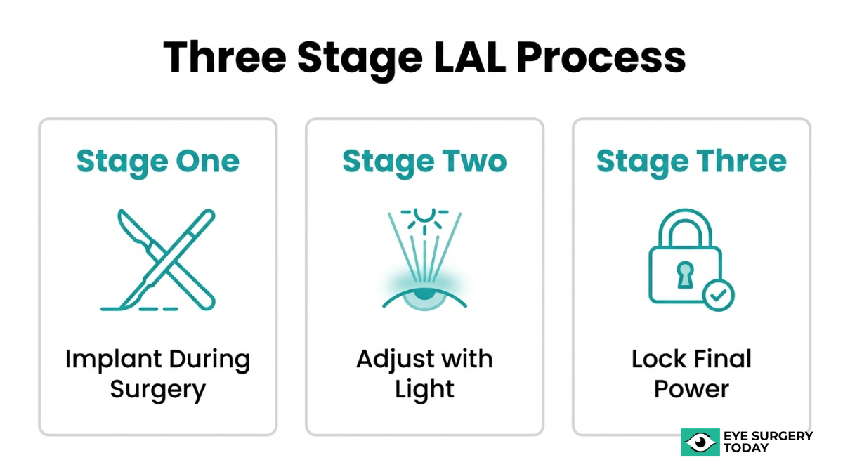 Custom vision process after cataract surgery using light adjustable lens with implantation, light adjustments, and final vision lock-in