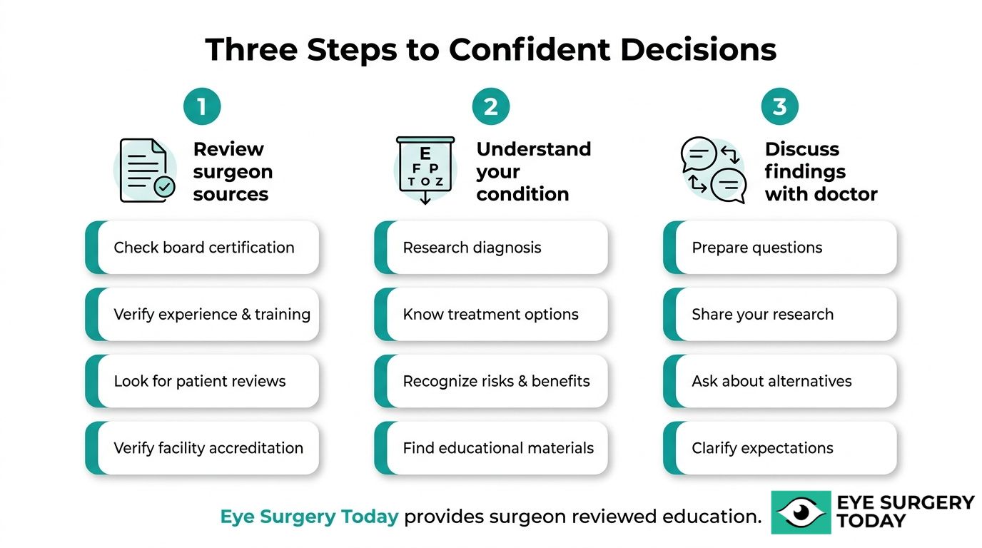 Three steps to confident eye surgery decisions graphic showing how to review surgeon sources, understand your condition, and discuss findings with a doctor.