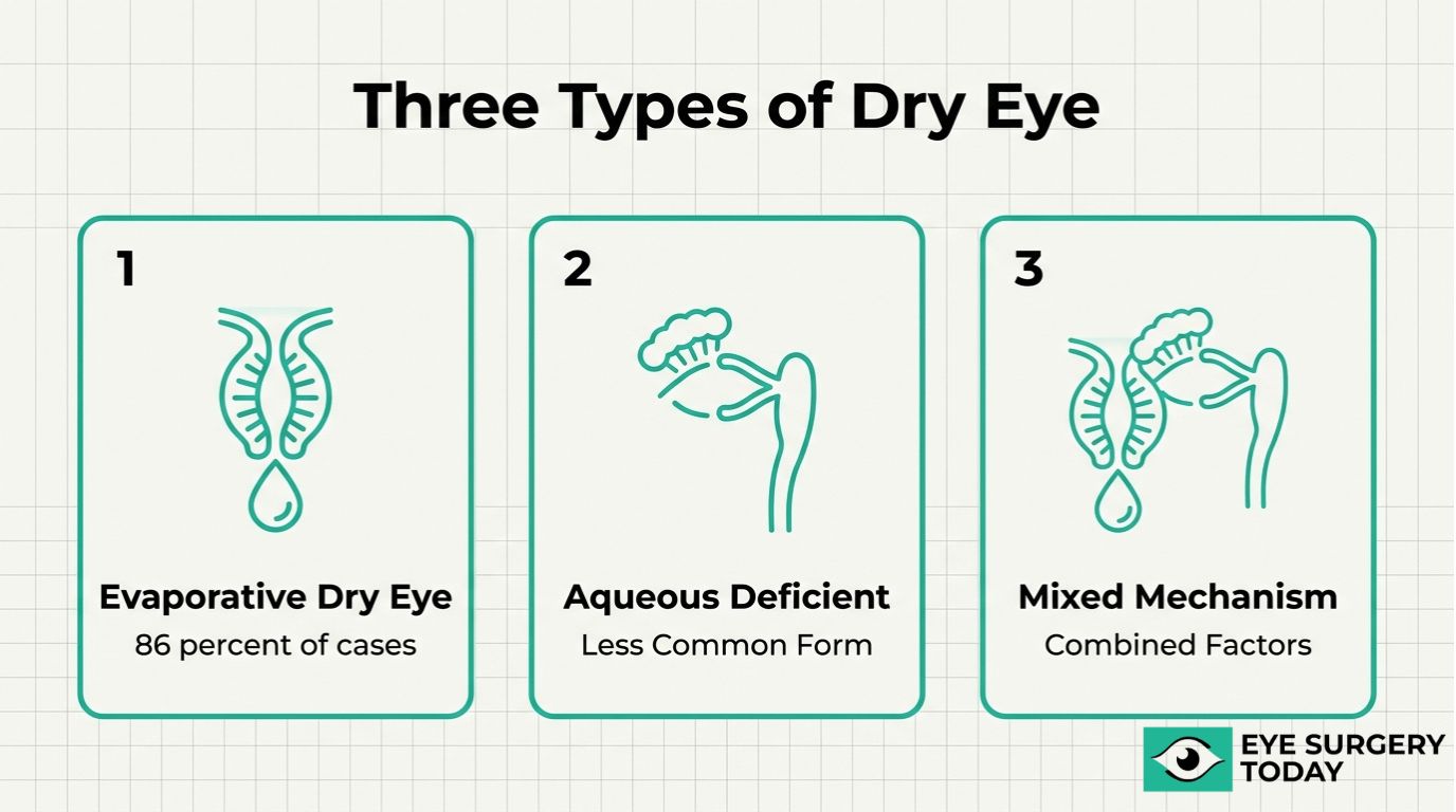 Three types of dry eye graphic showing evaporative dry eye, aqueous deficient dry eye, and mixed mechanism dry eye.