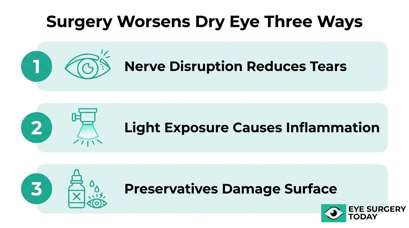 Three ways surgery worsens dry eye graphic showing nerve disruption, light exposure, and preservatives damaging the eye surface.