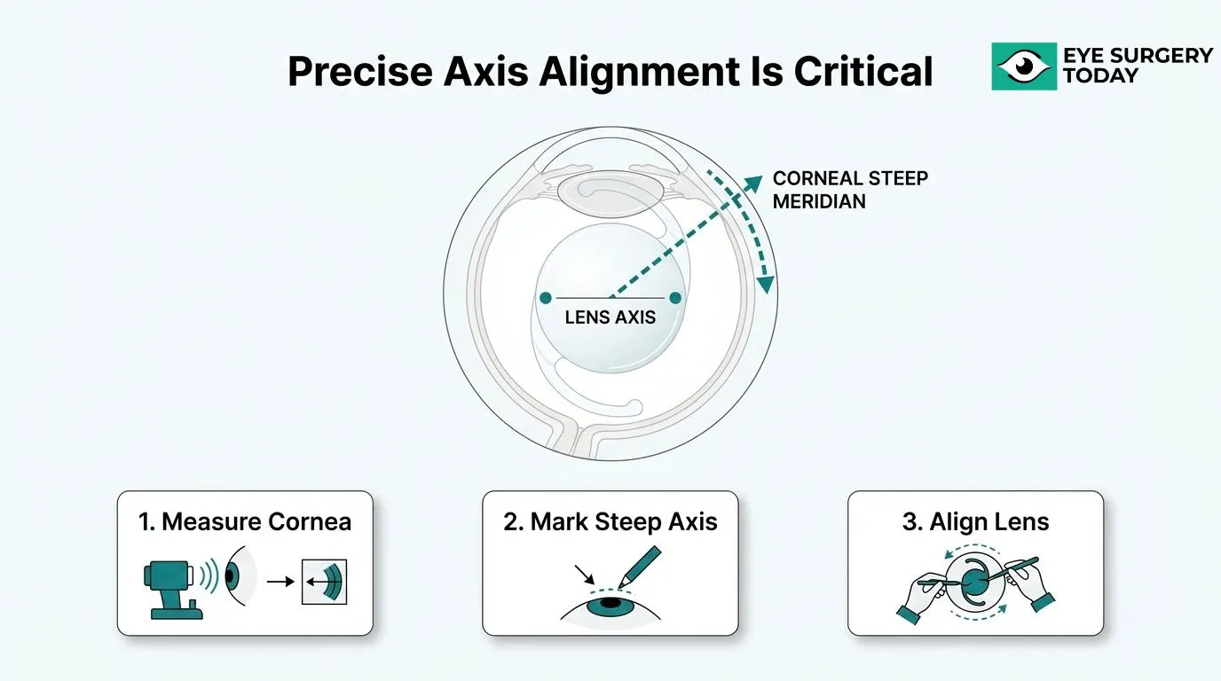 Toric IOL axis alignment diagram showing corneal measurement, steep axis marking, and precise lens positioning during cataract surgery