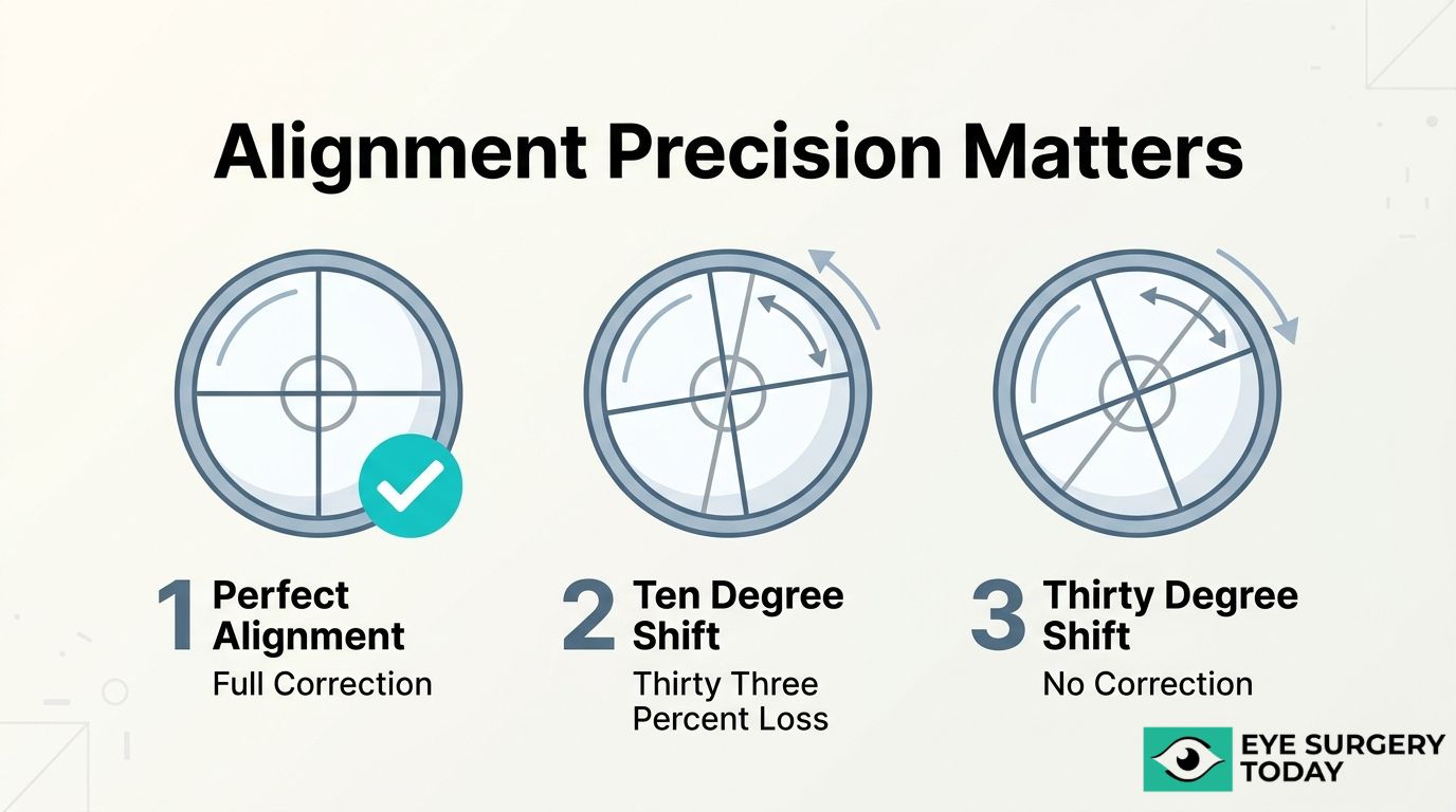 Toric lens alignment precision graphic showing perfect alignment with full correction, ten degree shift with correction loss, and thirty degree shift with no correction.