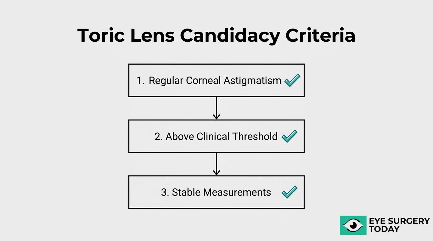 Toric lens candidacy criteria graphic showing regular corneal astigmatism, above clinical threshold, and stable measurements.