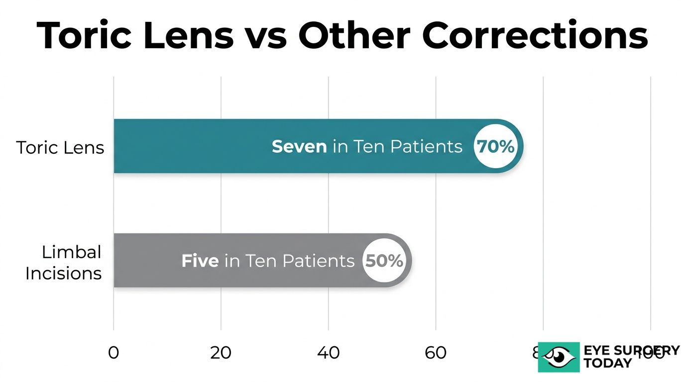 Toric lens comparison chart showing toric lenses correcting astigmatism in seven in ten patients compared with limbal incisions in five in ten patients.