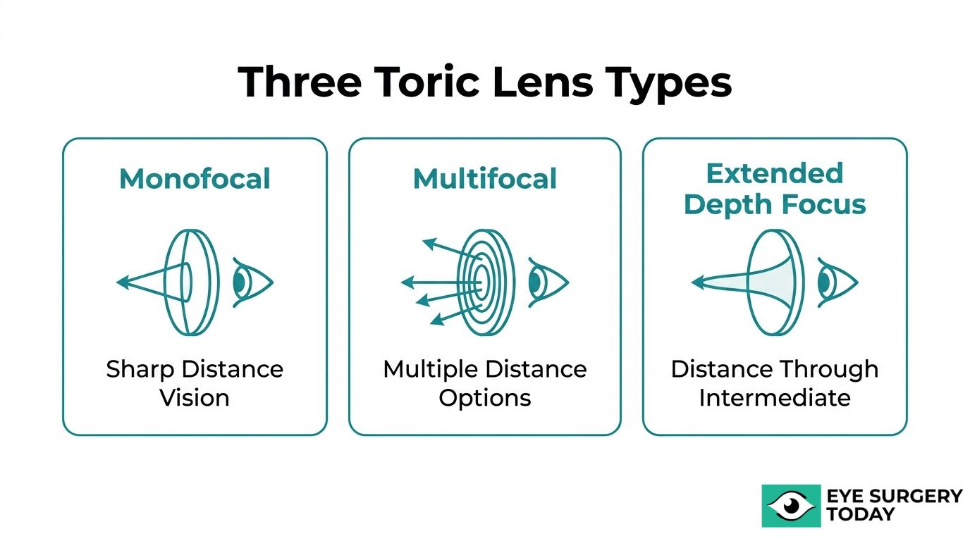 Three toric lens types graphic showing monofocal, multifocal, and extended depth of focus toric lenses.