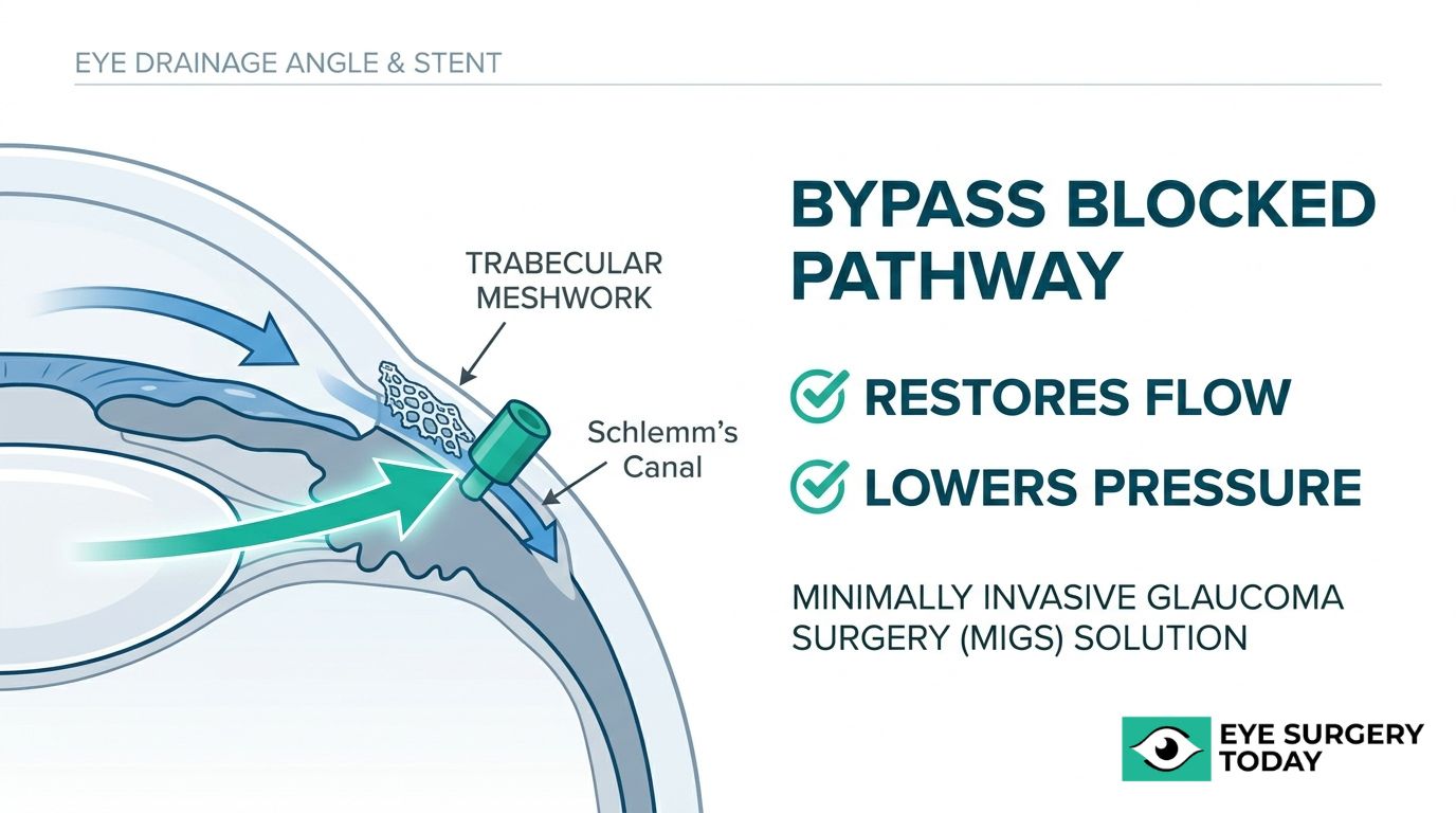 Illustration of a MIGS bypass stent restoring eye fluid flow through the drainage angle to lower eye pressure.