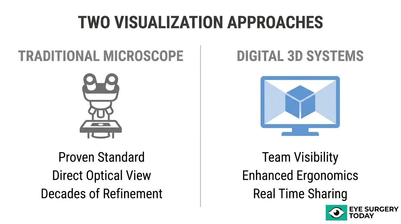 Comparison of traditional surgical microscopes and digital 3D visualization systems, highlighting optical viewing, team visibility, ergonomics, and real-time sharing.