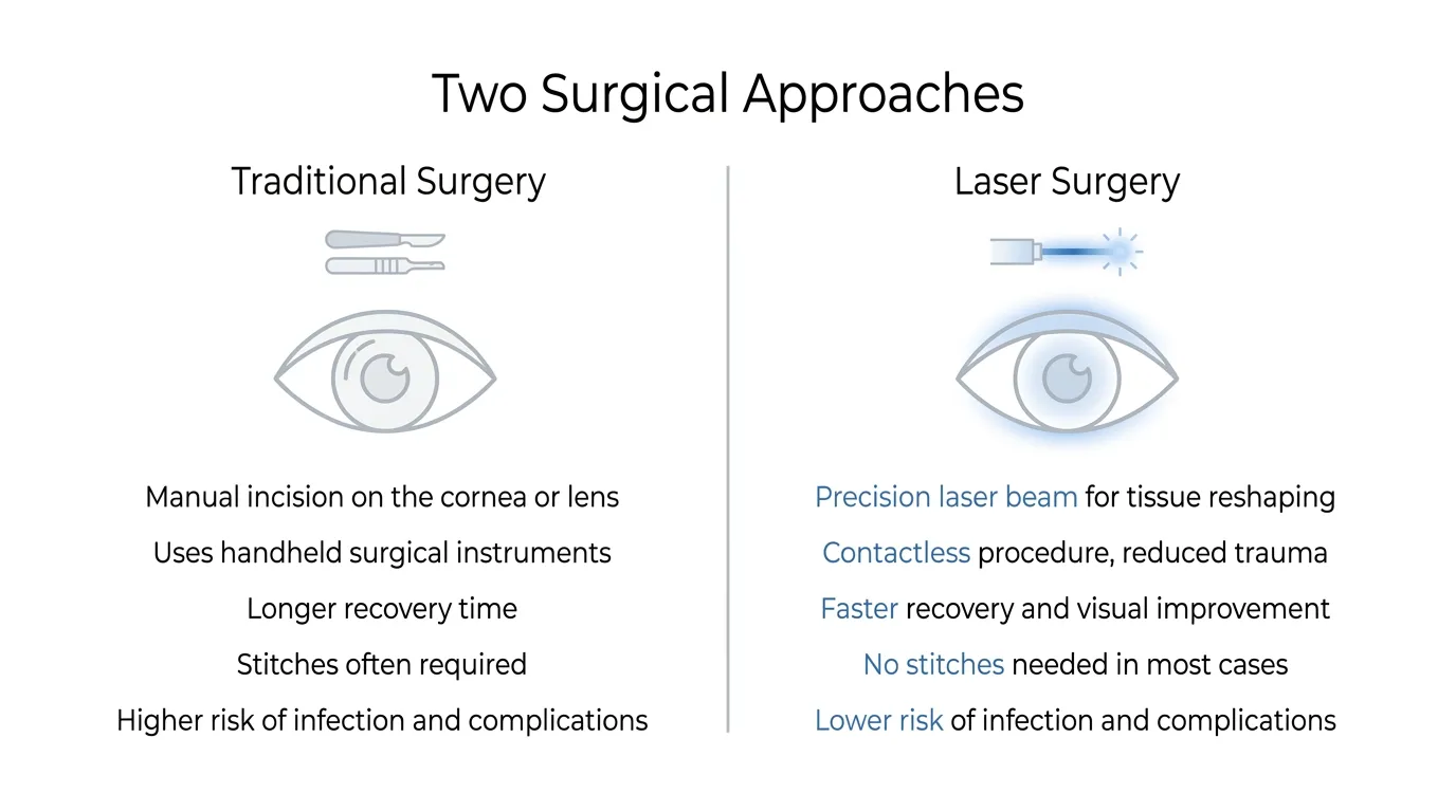 Comparison of traditional and laser cataract surgery, showing manual surgical instruments versus precision laser technology and differences in recovery and complications.