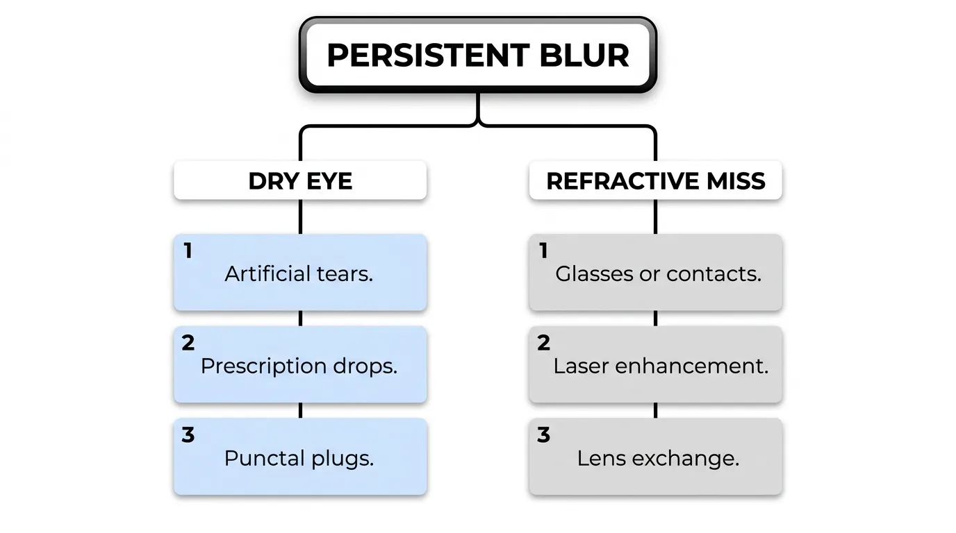 Treatment options for persistent blurry vision from dry eye or refractive miss, including eye drops, punctal plugs, corrective lenses, laser enhancement, and lens exchange.