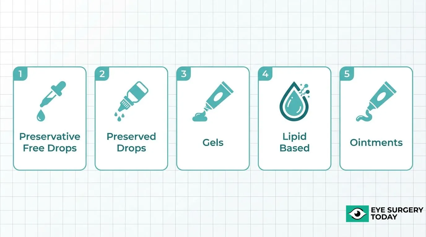 Five types of artificial tears for cataract surgery recovery: preservative-free drops, preserved drops, gels, lipid-based drops, and ointments.