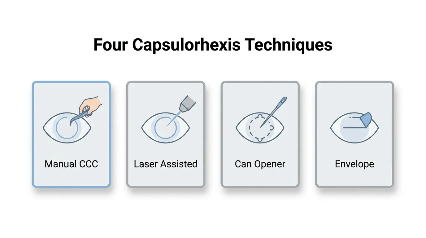 Timeline showing the evolution of capsulorhexis from can-opener techniques to manual CCC, laser-assisted precision, and AI-guided surgery.