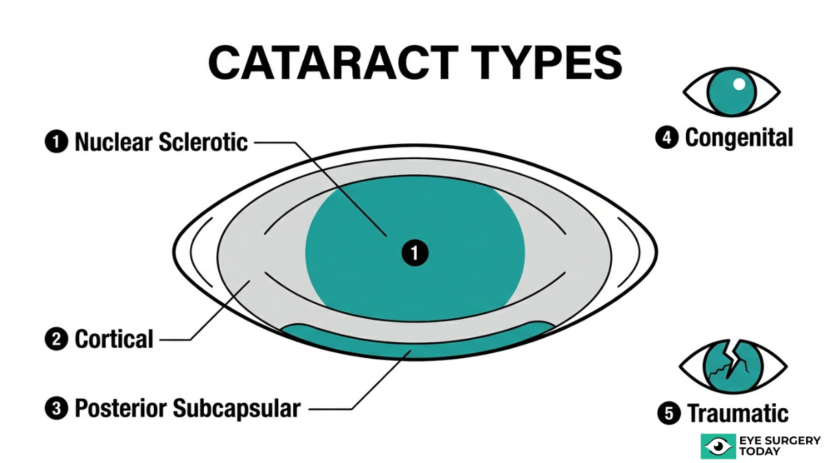 Types of cataracts diagram including nuclear sclerotic, cortical, posterior subcapsular, congenital, and traumatic cataracts