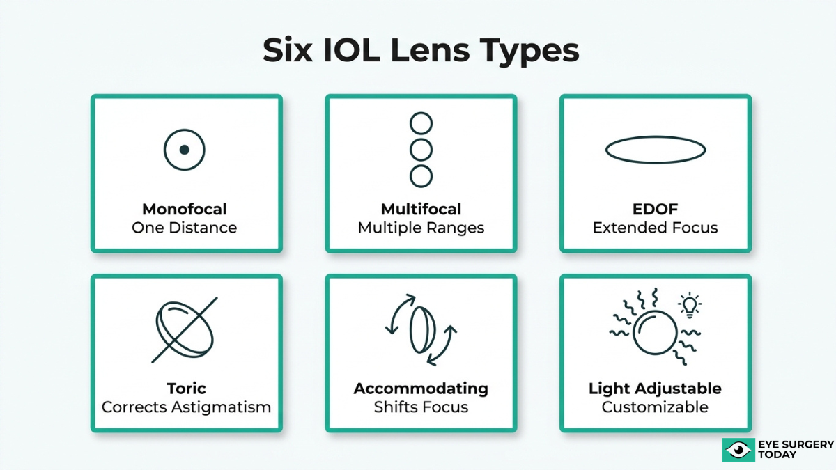 Types of intraocular lenses for cataract surgery including monofocal, multifocal, EDOF, toric, accommodating, and light adjustable lenses