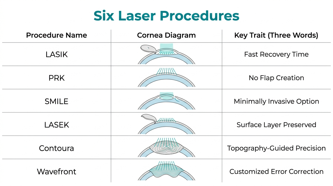 Comparison of six laser eye procedures: LASIK, PRK, SMILE, LASEK, Contoura, and Wavefront-guided treatment.