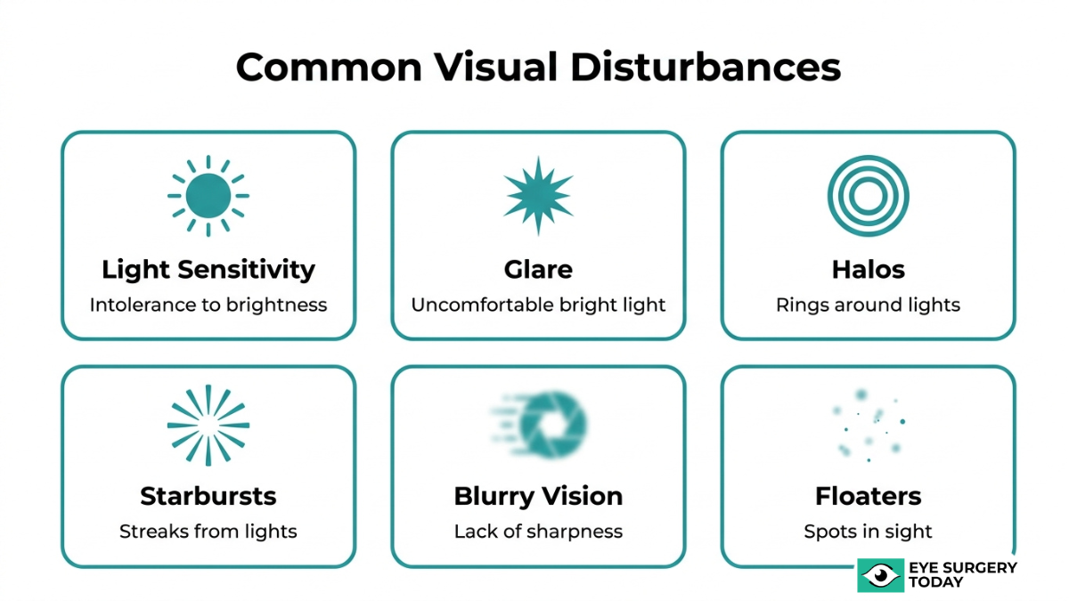 Common visual disturbances after cataract surgery including light sensitivity, glare, halos, starbursts, blurry vision, and floaters