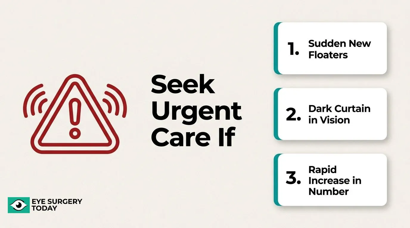 Warning signs requiring urgent eye care, including sudden new floaters, a dark curtain in vision, and rapidly increasing floaters.