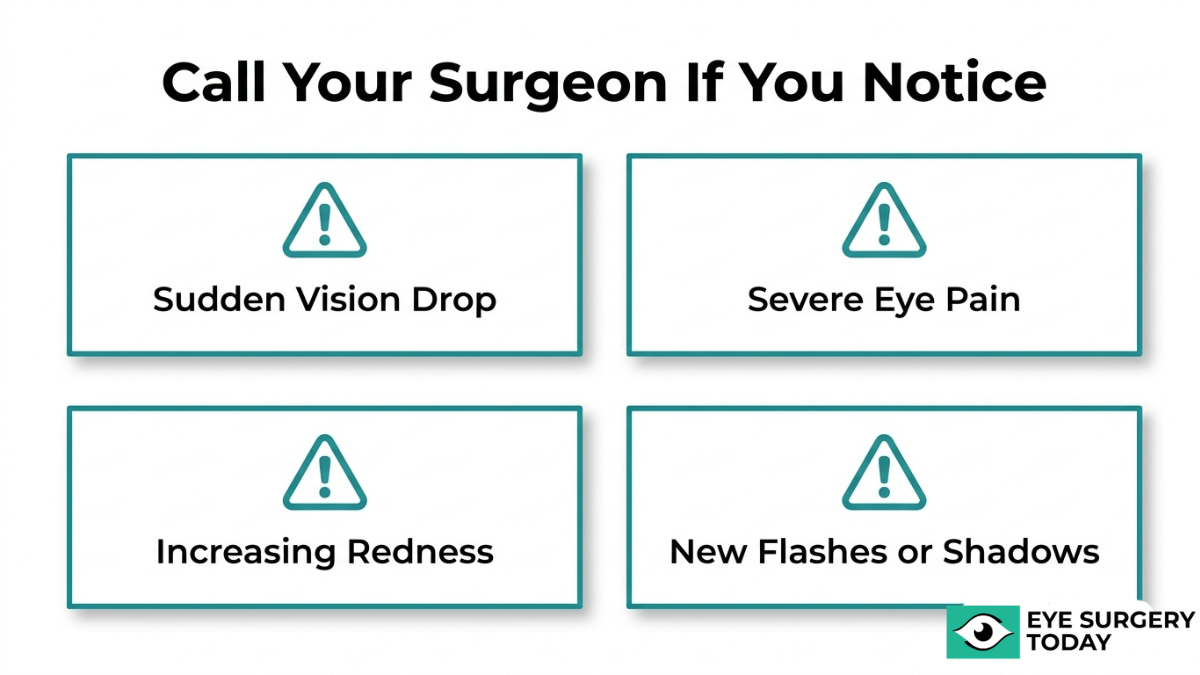 Warning signs after cataract surgery including sudden vision loss, eye pain, redness, and flashes requiring immediate care