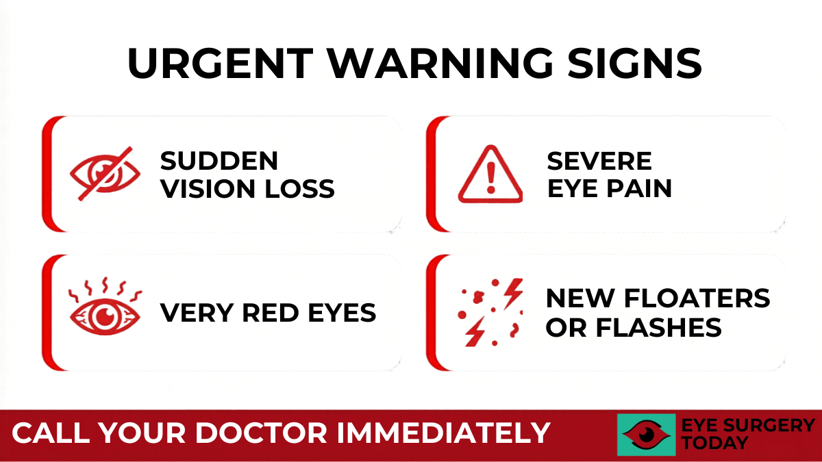 Emergency warning signs after cataract surgery including sudden vision loss, severe eye pain, redness, and flashes