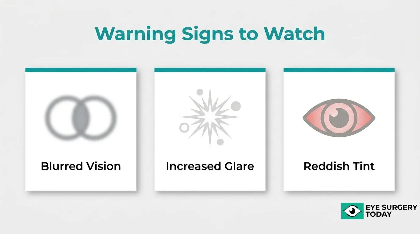 Warning signs of potential UV exposure issues including blurred vision, increased glare, and reddish tint