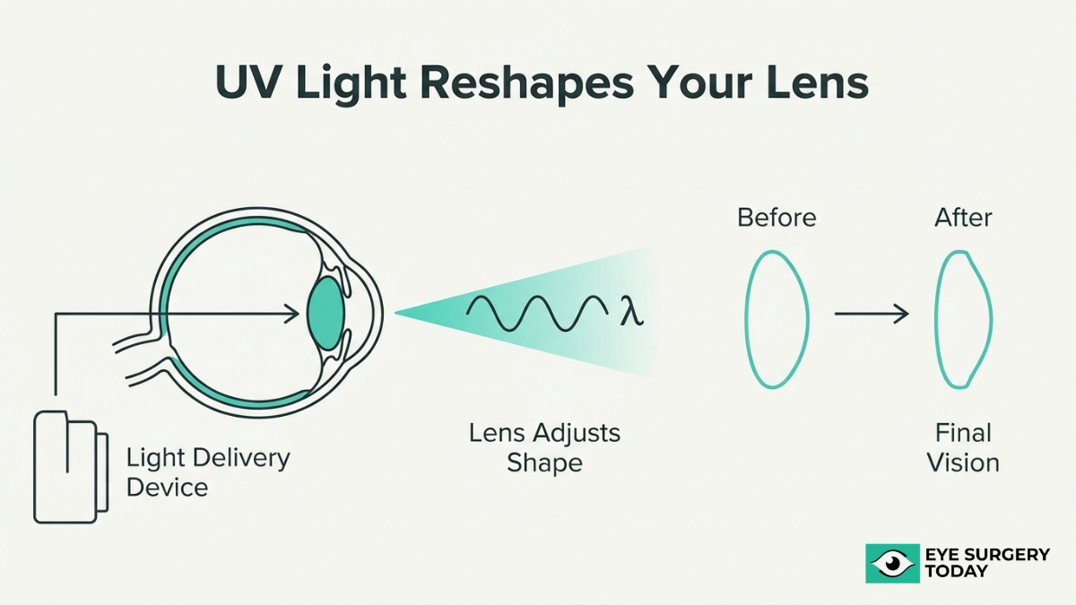 Illustration showing how UV light adjusts and reshapes a light adjustable lens after cataract surgery to achieve final vision correction