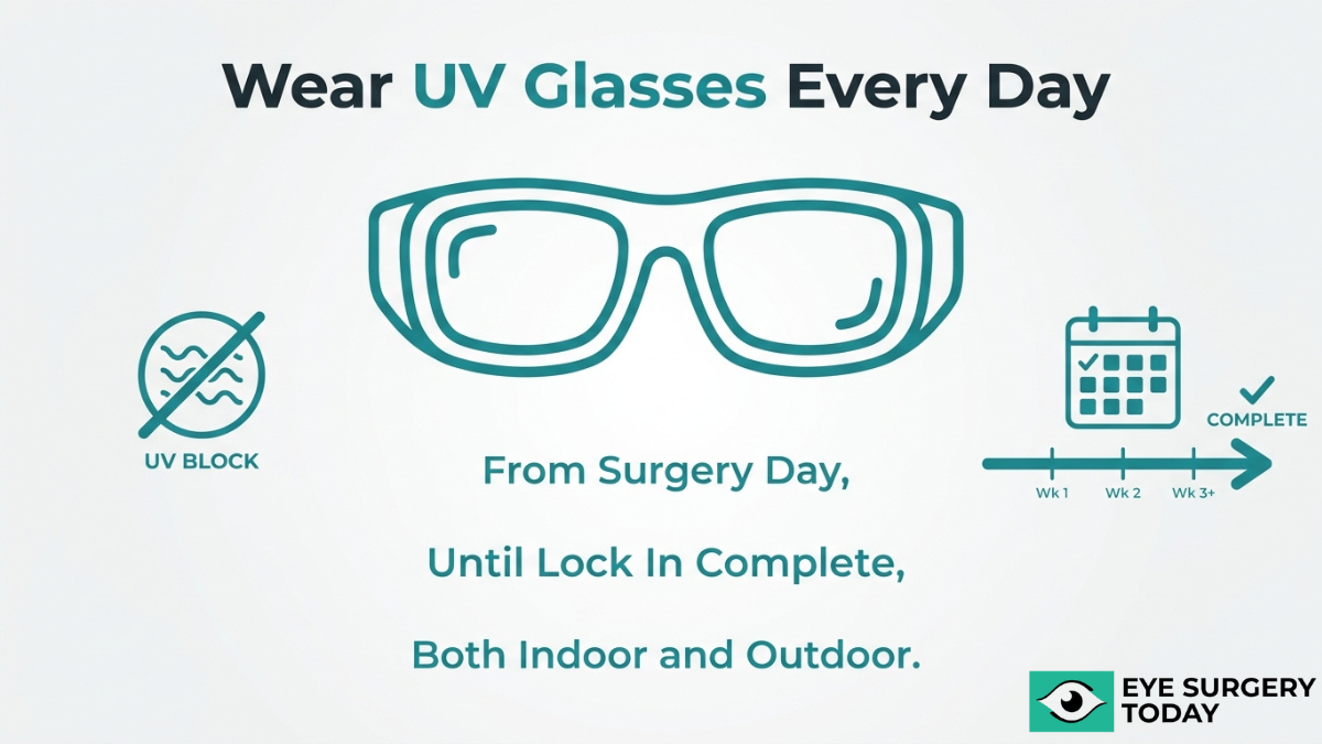 Instruction to wear UV protective glasses after cataract surgery from day one until vision stabilizes to protect healing eyes