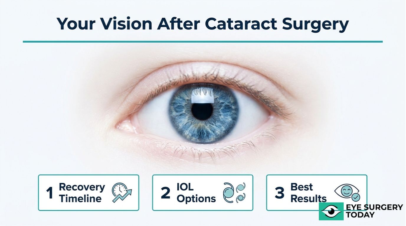 Cataract surgery vision recovery graphic showing recovery timeline, IOL options, and best results after surgery.