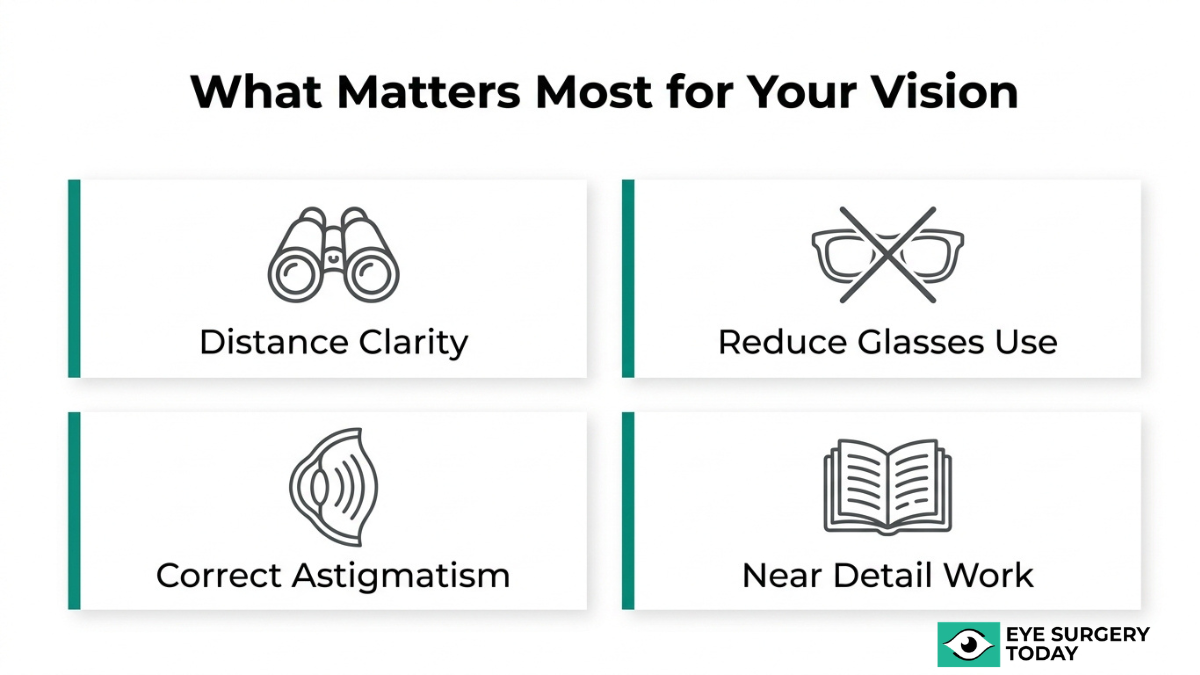 Cataract surgery vision goals infographic showing distance clarity, reduced need for glasses, astigmatism correction, and near vision tasks