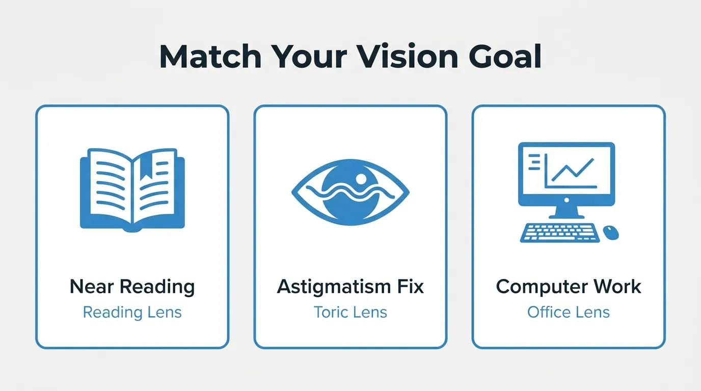 Lifestyle lens options matched to vision goals, including reading lenses for near vision, toric lenses for astigmatism, and office lenses for computer work.