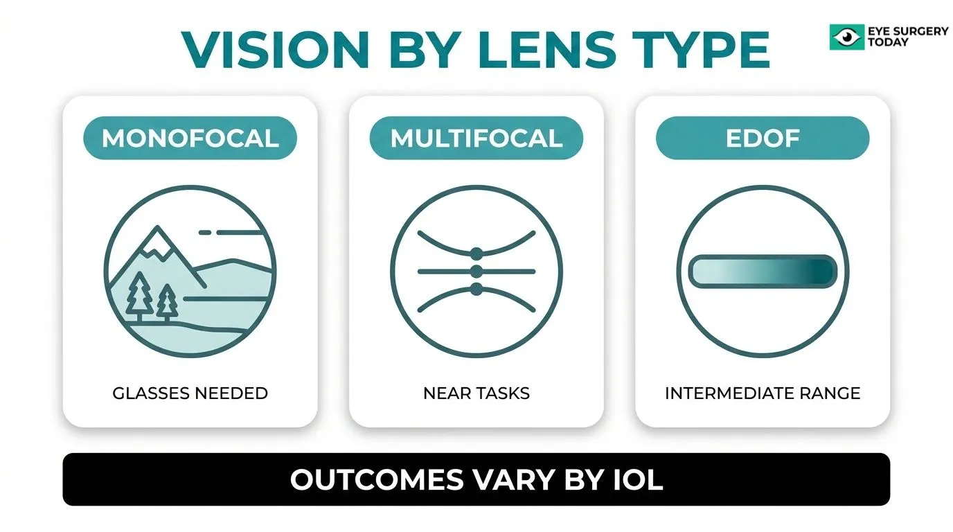 Vision outcomes by IOL lens type, comparing monofocal lenses for distance vision, multifocal lenses for near tasks, and EDOF lenses for intermediate range