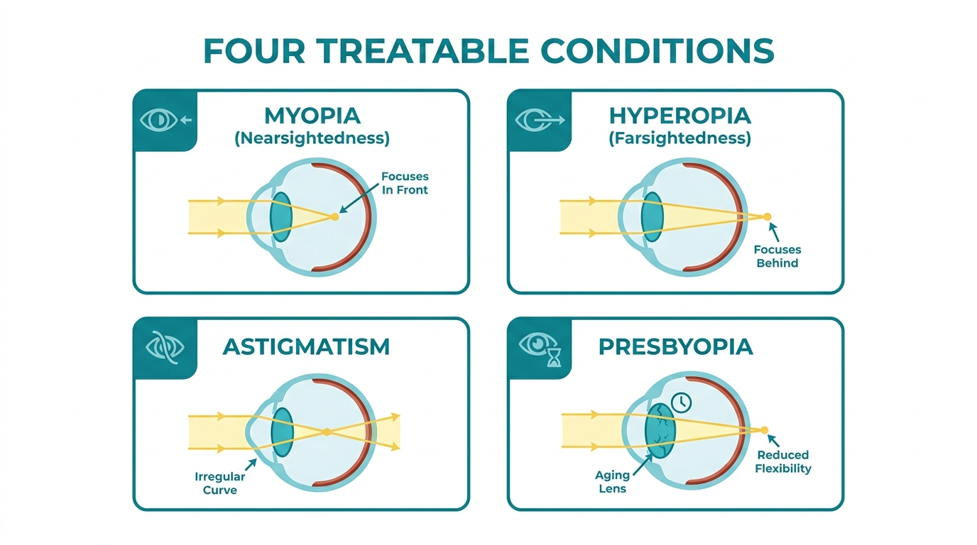 Eye diagrams showing vision conditions treated with laser correction, including myopia, hyperopia, astigmatism, and presbyopia.