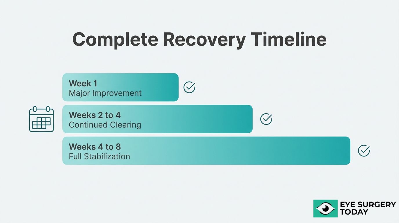 Complete cataract surgery recovery timeline showing major improvement in week 1, continued clearing in weeks 2 to 4, and full stabilization in weeks 4 to 8.