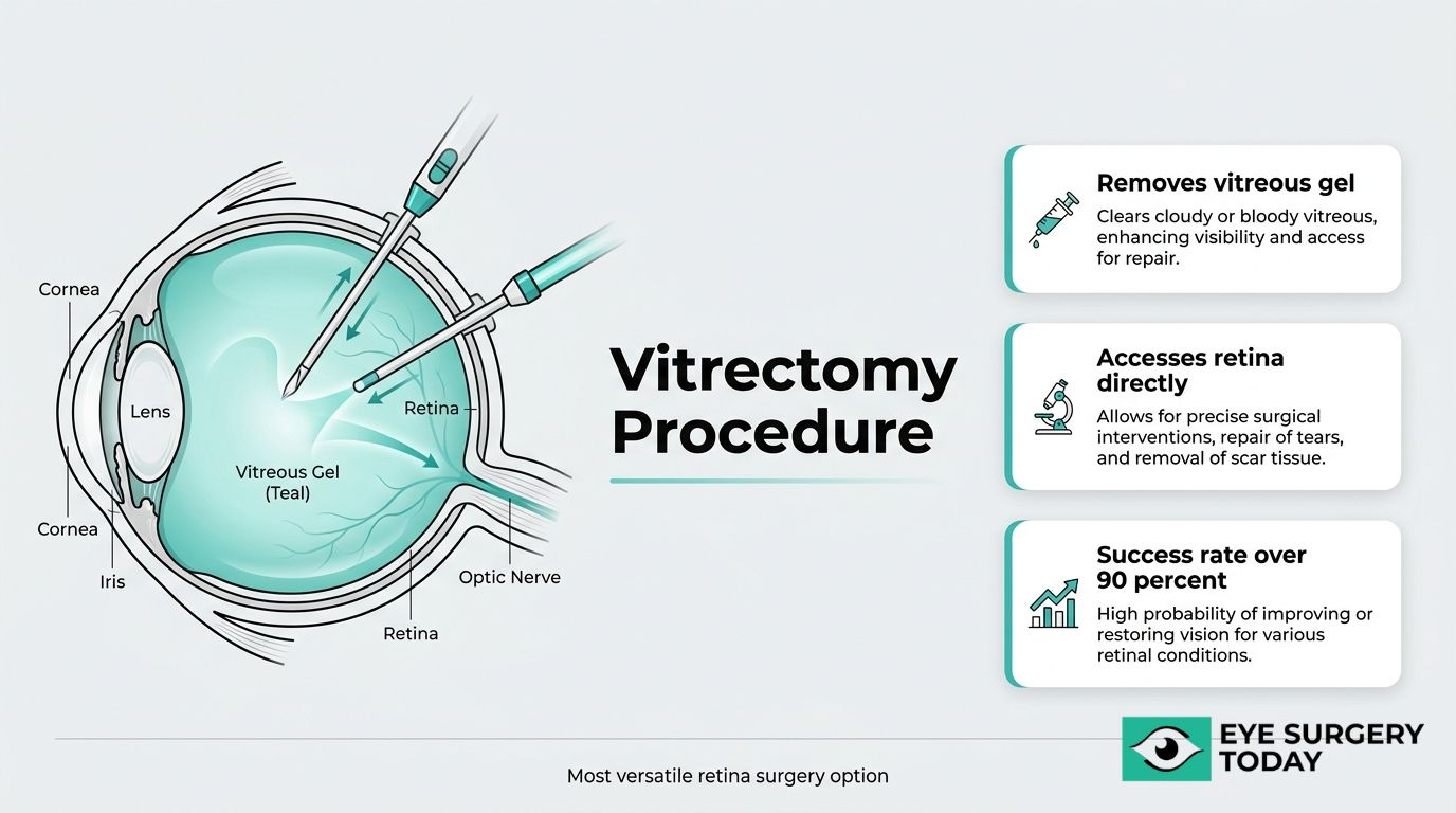 Vitrectomy procedure illustration showing surgical tools removing vitreous gel and accessing the retina for repair.