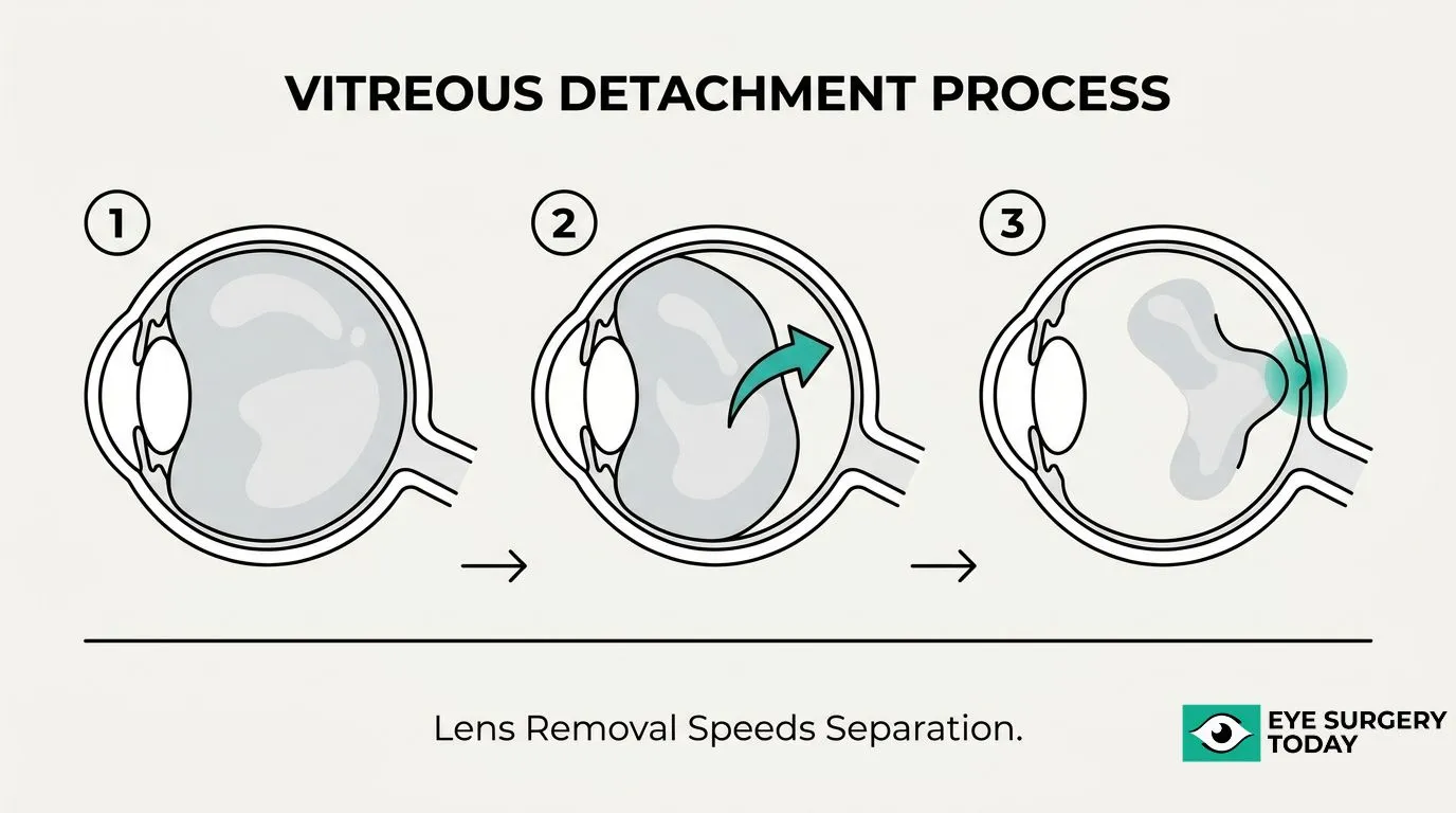 Three-step diagram showing vitreous detachment after cataract surgery as the vitreous separates from the retina following lens removal.