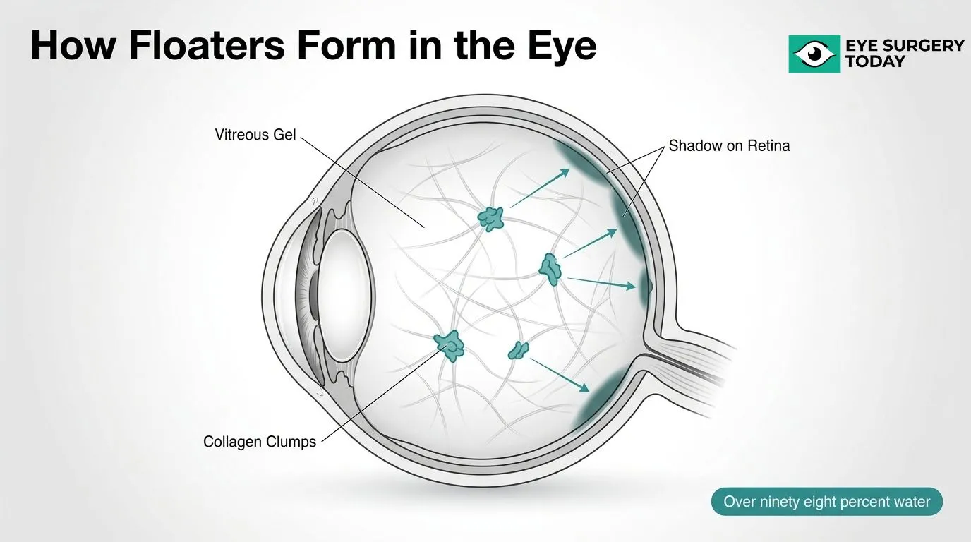 Eye anatomy diagram showing how vitreous collagen clumps create floaters by casting shadows on the retina