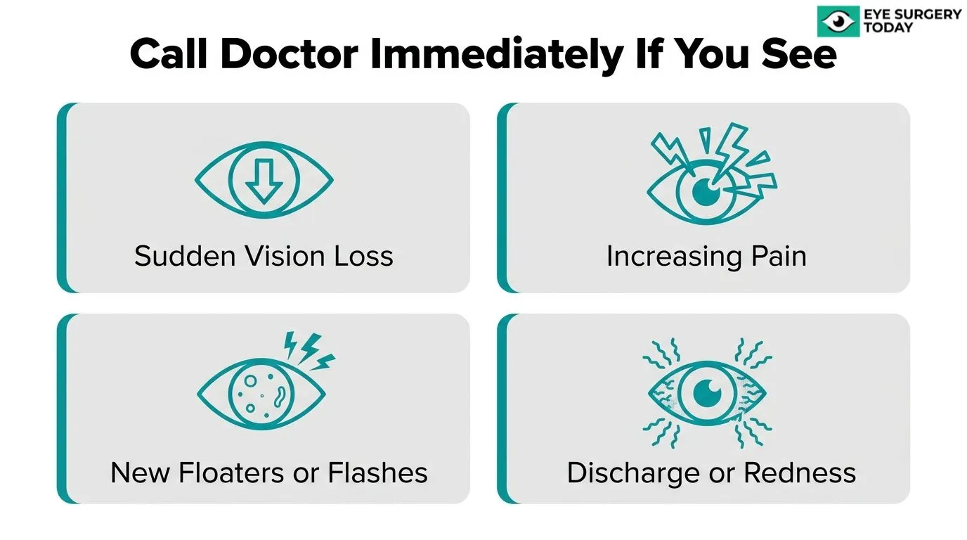 Warning signs after cataract surgery requiring immediate medical attention, including sudden vision loss, increasing pain, new floaters or flashes, and discharge or redness.