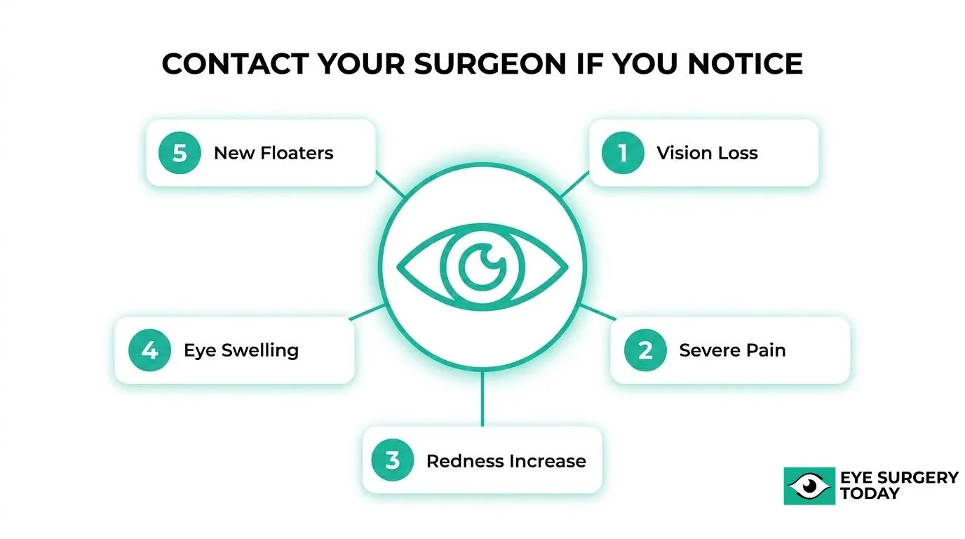 Warning signs after cataract surgery that may require contacting a surgeon, including vision loss, severe pain, increased redness, eye swelling, and new floaters