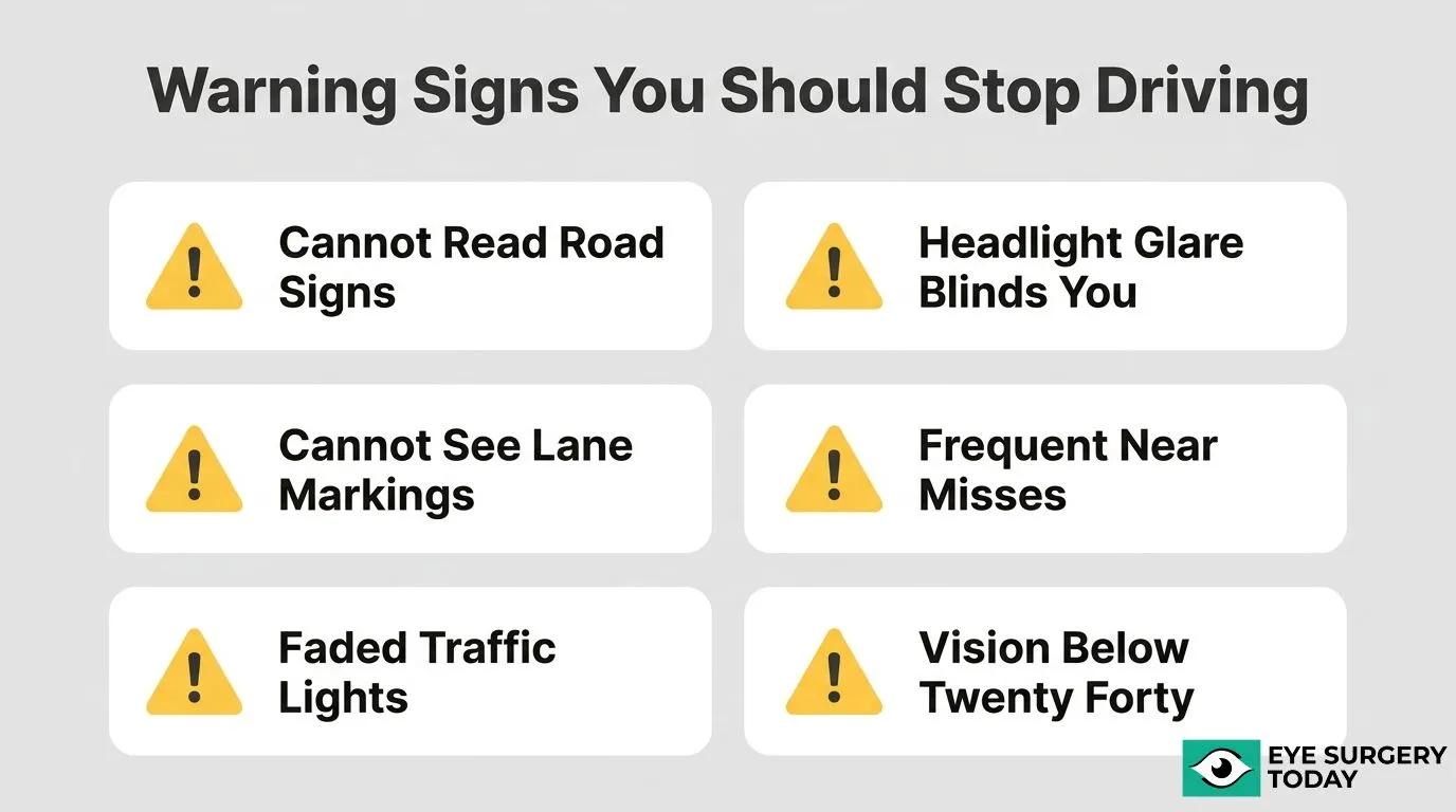 Warning signs that cataracts may make driving unsafe, including difficulty reading road signs, severe headlight glare, poor lane visibility, near misses, faded traffic lights, and vision below 20/40.