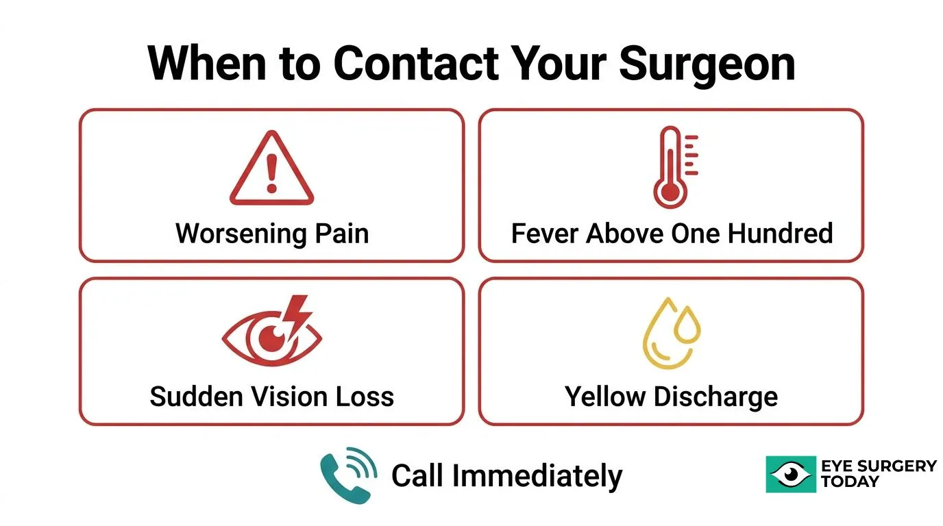 Warning signs after cosmetic eye surgery that require contacting a surgeon, including worsening pain, fever above 100 degrees, sudden vision loss, and yellow discharge.