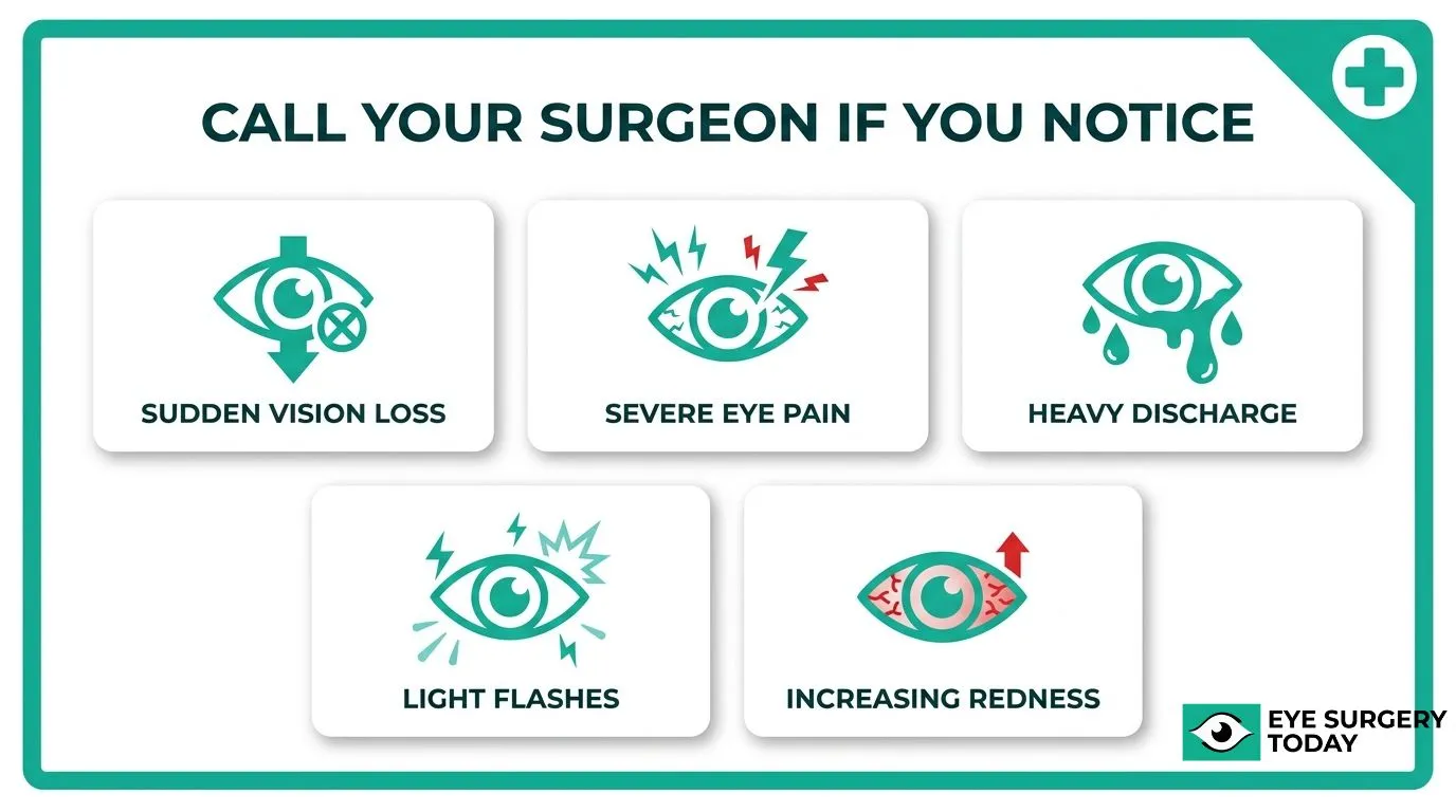 Warning signs after cataract surgery that require contacting a surgeon, including sudden vision loss, severe eye pain, heavy discharge, light flashes, and increasing redness.