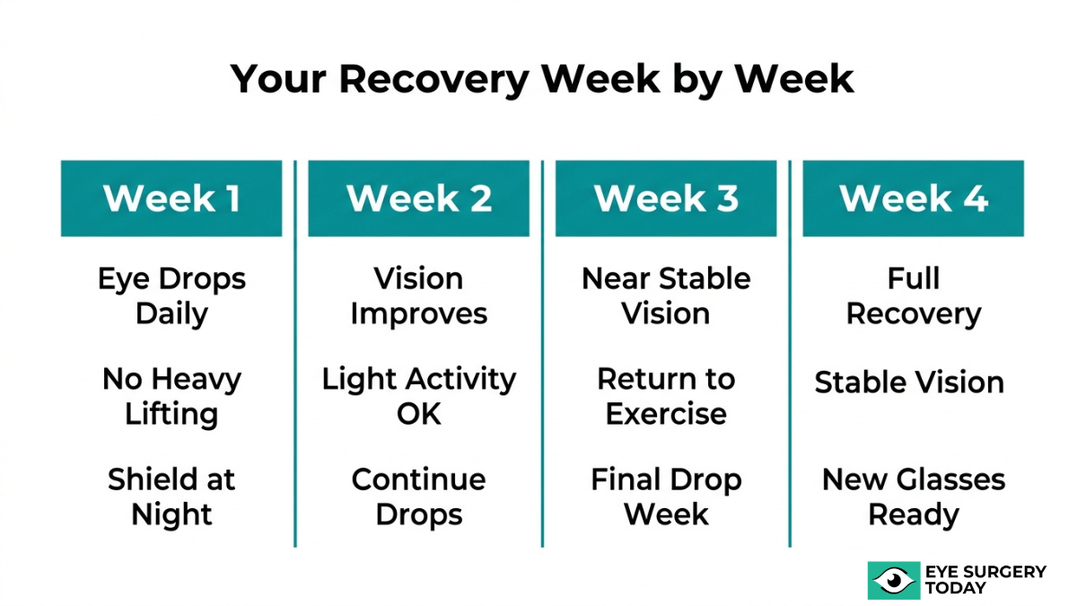 Week by week cataract surgery recovery plan covering eye drops, activity levels, vision improvement, and new glasses readiness