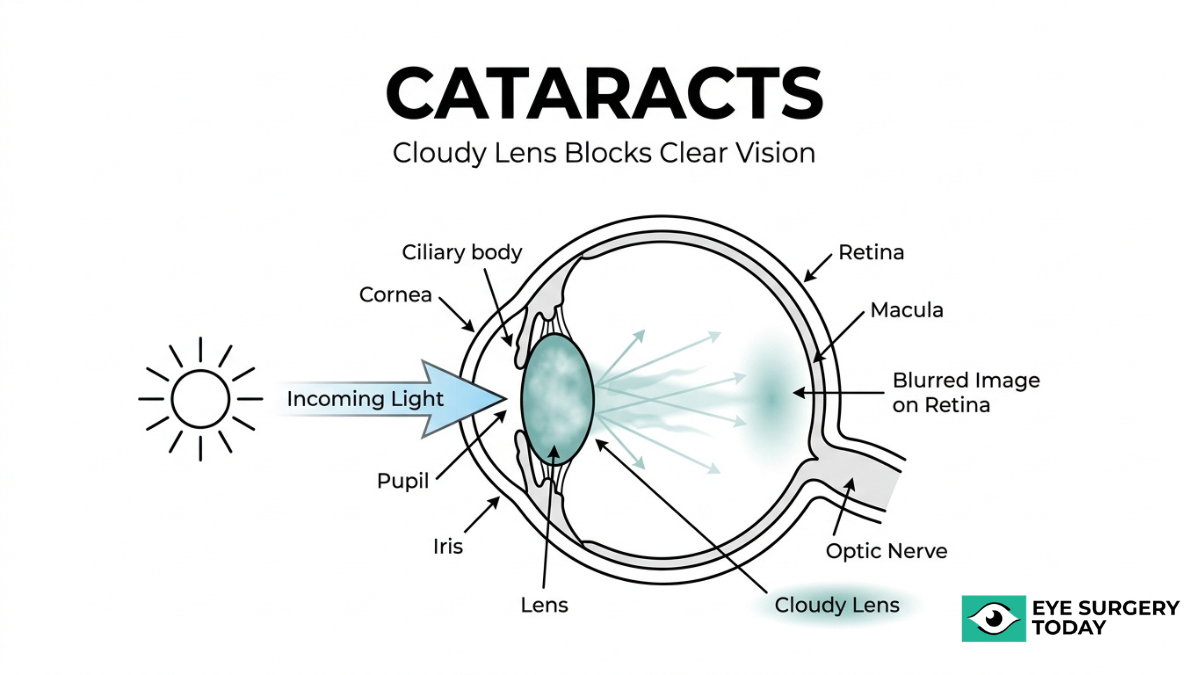 Cataract eye diagram showing cloudy lens blocking incoming light and causing blurred image on retina with labeled eye anatomy