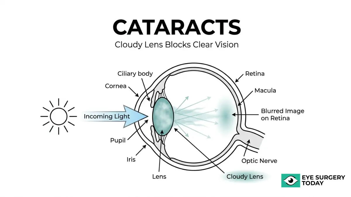 Cataract eye diagram showing cloudy lens blocking incoming light and causing blurred image on retina with labeled eye anatomy