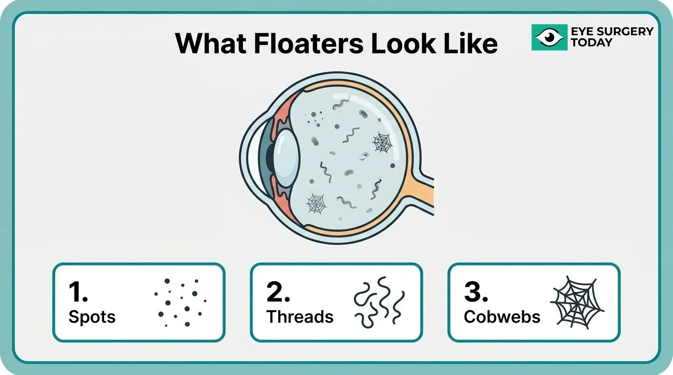 Illustration showing what eye floaters can look like, including spots, thread-like shapes, and cobweb patterns.