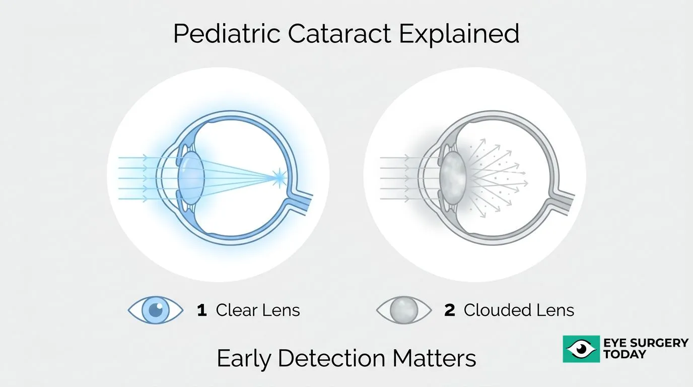 Pediatric cataract diagram comparing a clear lens that focuses light normally with a clouded lens that scatters light and impairs vision.