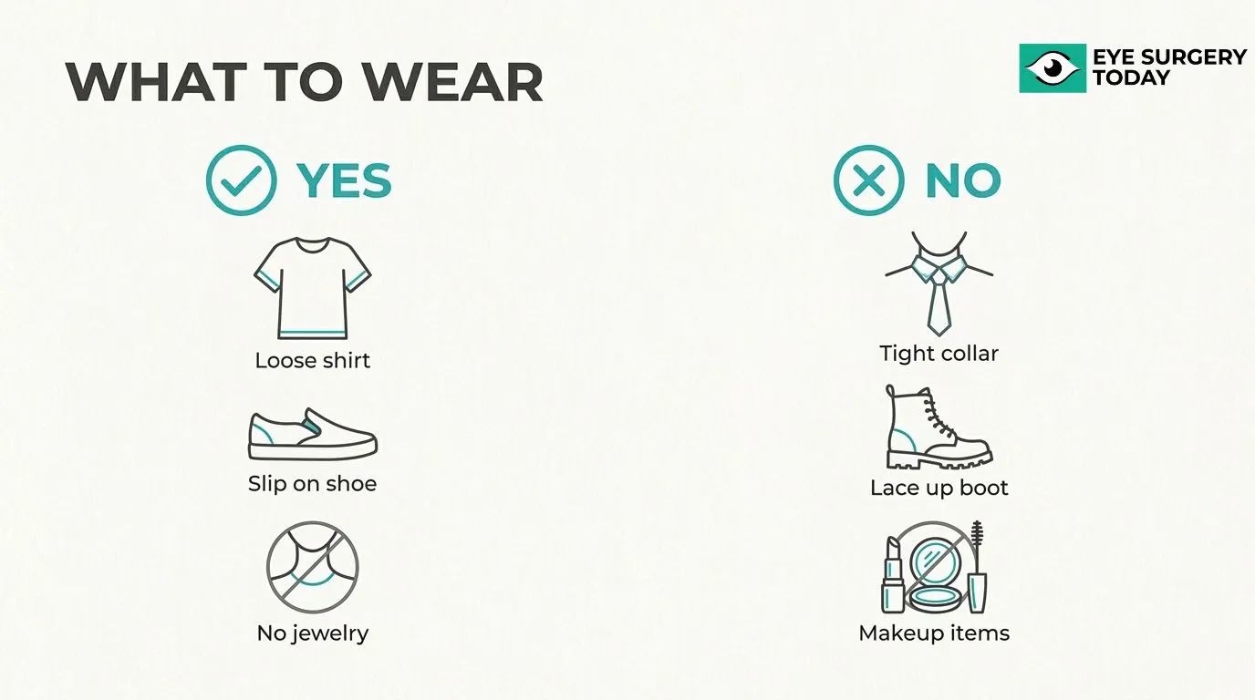 What to wear on cataract surgery day showing recommended loose clothing and slip-on shoes and items to avoid such as tight collars, lace-up boots, jewelry, and makeup